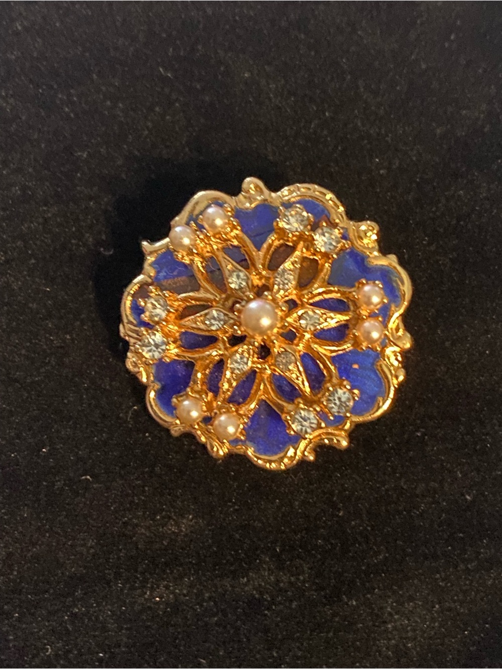 Vintage Gold & Blue Enamel Floral Brooch with Pearls and Crystals
